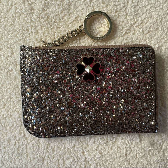 Kate Spade Odette Zip Card Holder Wallet Silver Black Glitter Keychain NWOT - Picture 3 of 7